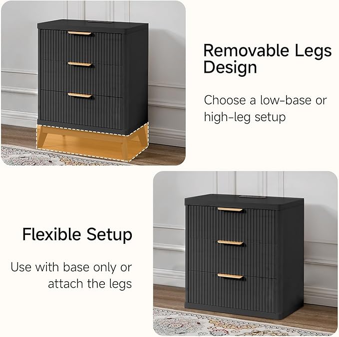 Fluted Nightstand with Charging Station, 23'' Modern Side Table with 3 Large Storage Drawers, Wide Night Stand Bedside End Table Tall Wooden Dresser for Bedroom