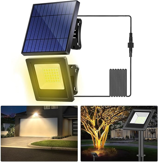 Solar Lights Outdoor Solar Flood Dusk to Dawn Lights 4400mAh 3000K Warm White Auto On/Off with 16.4Ft Cable IP65 Waterproof for Outside Front Door Barn Garden Garage Yard Patio Pool