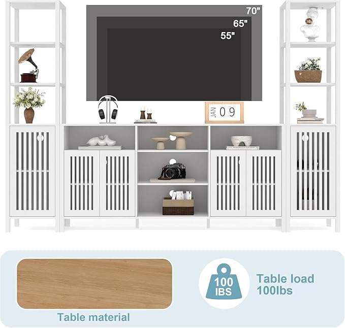 Combination TV Cabinet, for TVs Up to 70", Large TV Stand with Bookshelves, Storage TV Cabinet, Multi-Functional Home Entertainment Center with Adjustable Shelves