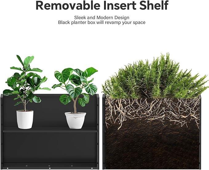 Heavy-Duty Galvanized Steel Planter with Removable Insert Shelf & 4 Drainage Holes - 32x12x24 Inches Large Size Planters for Outdoor/Indoor Patio, Black