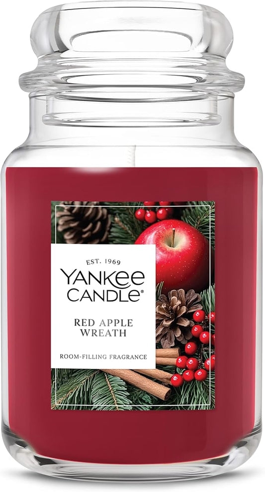 Yankee Candle Large Jar Scented Candle with up to 150 Hour Burn Time, Premium Plant Wax Blend for Consistent Burn, 22 oz Jar Candle with Room Filling Fragrance, Red Apple Wreath