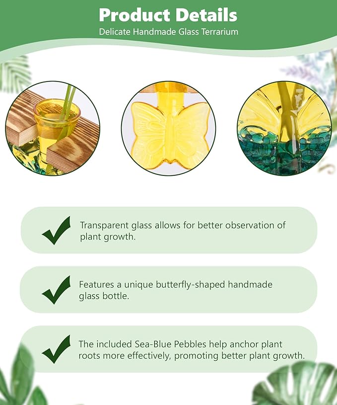 Nacome Plant Terrarium with Wooden Stand,Butterfly-Shaped Glass Vase Planter Propagation Station for Home Office Decor,Unique Gifts for Plant Lovers Women Mom(Yellow)