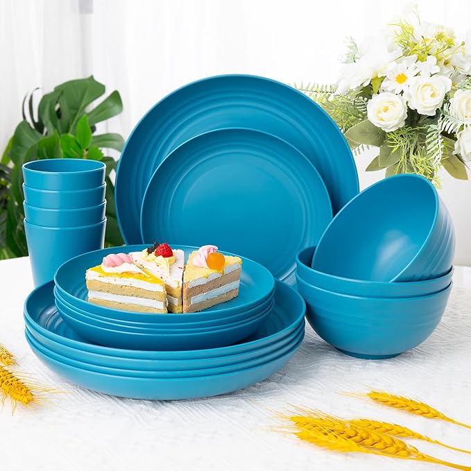 LIYH 48 Pcs Blue Wheat Straw Dinnerware, Plates and Bowls Set, Camping Dish Set for 12, Plastic Dinnerware Set, Dishwasher Safe Dinnerware Set, Unbreakable Plastic, Camper Dish Sets