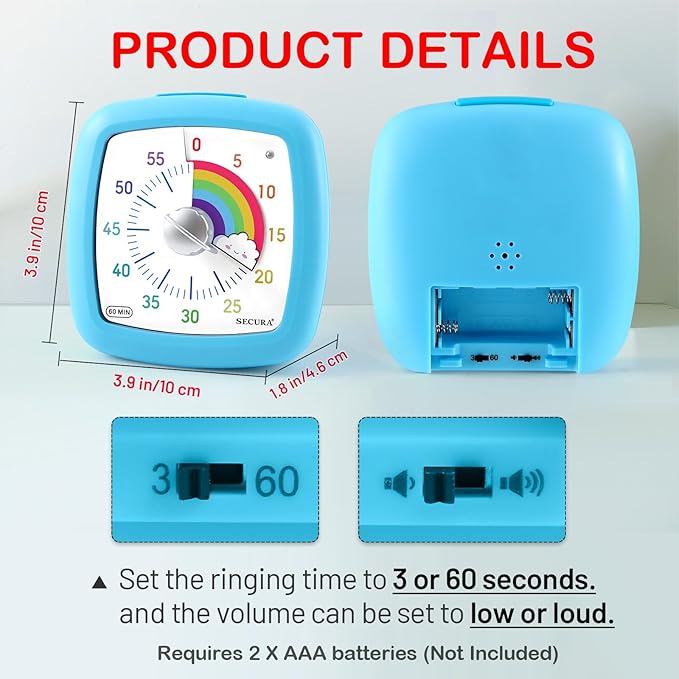 Secura 60-Minute Visual Timer, Silent Study Timer for Kids and Adults, Time Clocks, Time Management Countdown Timer for Teaching (Blue & Cloud)