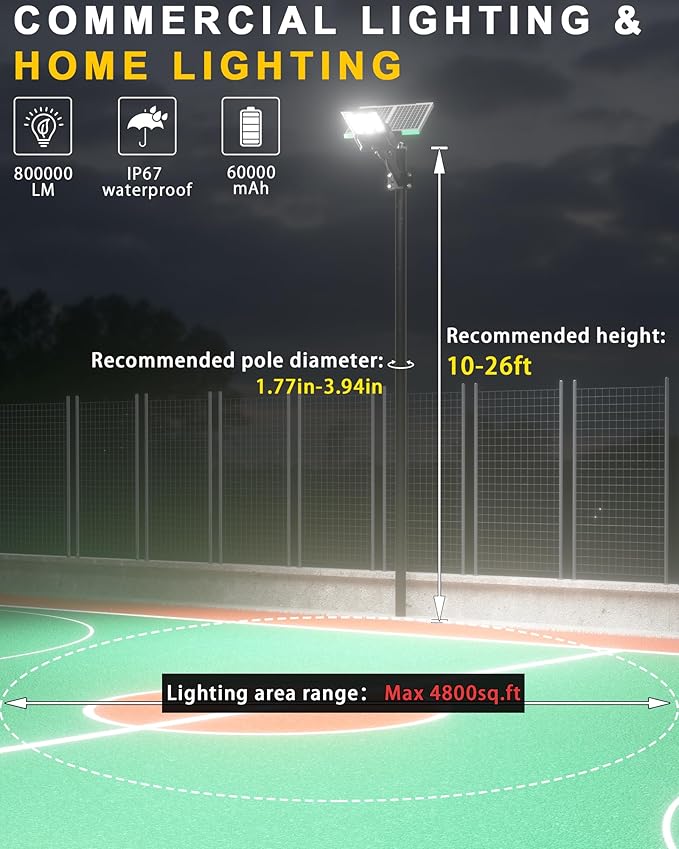 Gefolly SL-11000W Solar Street Lights Outdoor, 800000LM Commercial Parking Lot Light Dusk to Dawn IP67 Waterproof 6500K Security Flood Lights Lamp for Yard, Road, Basketball Courts