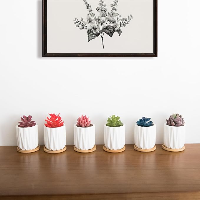 ARTKETTY Succulent Pots - 3.15 Inch White Small Plant Pots with Drainage Tray Ceramic Pots for Indoor Plants, Pack of 6 - Cactus Flower Pots Birthday Gifts for Women