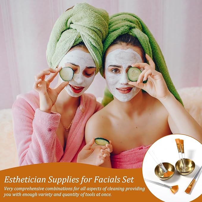 30 Pcs Esthetician Supplies for Facials Set-10 Gold Facial Bowls 10 Facial Brushes Esthetician 10 Flat Brushes Face Mask Cosmetic Applicators for Women Face Mask Mixing Kit