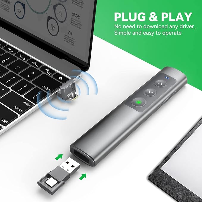 Metallic Presentation Clicker Presenter Remote - Rechargeable Wireless Presenter with Green Laser Pointer, 2 in 1 USB Clicker for PowerPoint & Google Slides, Compatible with MacBook/PC