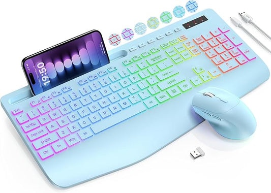 Wireless Keyboard and Mouse Combo, 9 Backlit Effects, Wrist Rest, Phone Holder, 3 DPI Speed, 2.4G Ergonomic Keyboards, Rechargeable Silent Cordless Set for Computer, Laptop, Mac, Windows, Blue-SABLUTE