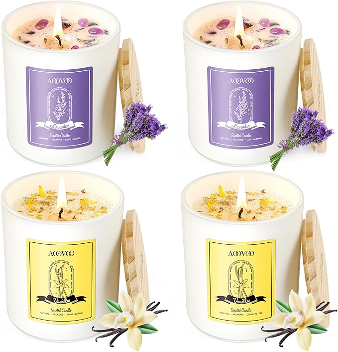 AOOVOO Lavender Candles Set for Women - 4 Pack Candles for Home Scented, 28 oz 200 Hour Long Lasting Aromatherapy Candle with Crystals Inside, Birthday Gifts Mothers Day Candle for Women Mom