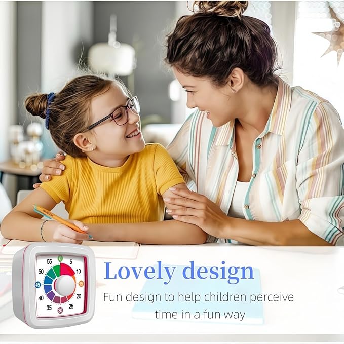 Visual Timer for Kids, 60-Minute Countdown Timer for Classroom Office Kitchen, Pomodoro Timer with Silent Operation，Time Management Tools with Colorful Pattern(White)