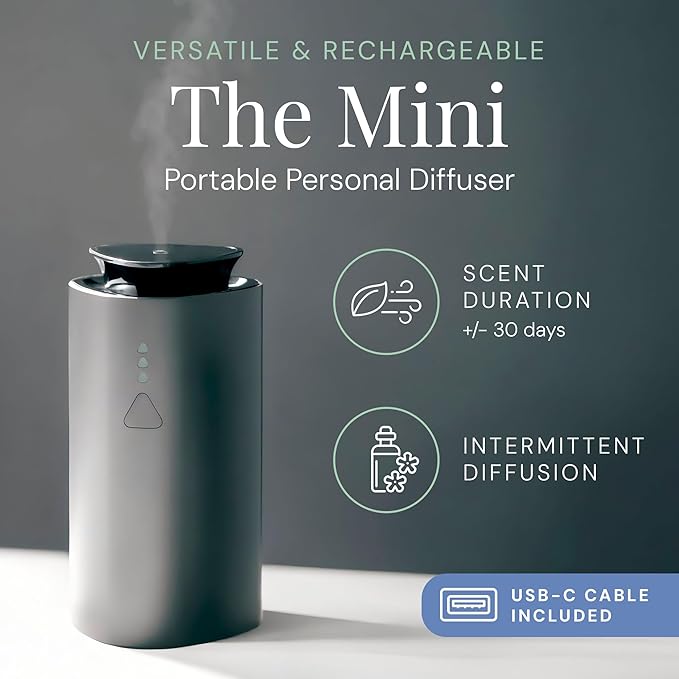 The Mini Essential Oil Diffuser for Home, Waterless & Smart Portable Diffuser for Essential Oils, USB-C & Rechargeable with Adjustable Settings, Covers 300 Sq. Ft., Black