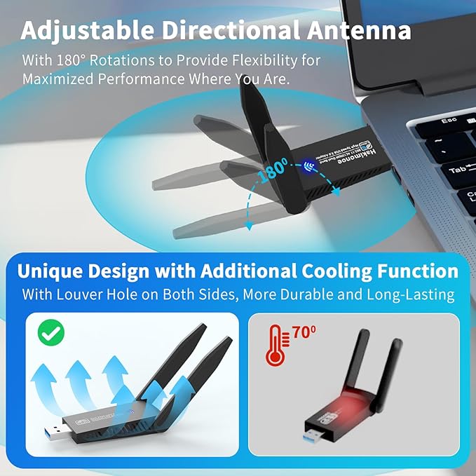 USB 3.0 WiFi Adapter for PC Desktop, AC1300Mbps Dual Band 2.4G 5G Wireless Network WiFi Dongle Enhanced Antenna for Laptop Computer Windows11 10 8.1 8 7 Vista XP, Plug n Play w/USB Driver