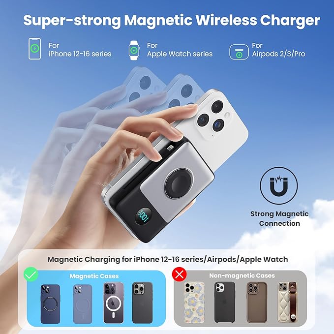 Magnetic Portable Charger 10800mAh for iPhone with Built-in Cables, 6-in-1 Wireless Power Bank with iWatch Charger, LCD Display 25W PD Fast Charging Battery Pack for iPhone 16/15/14/13/12, Apple Watch