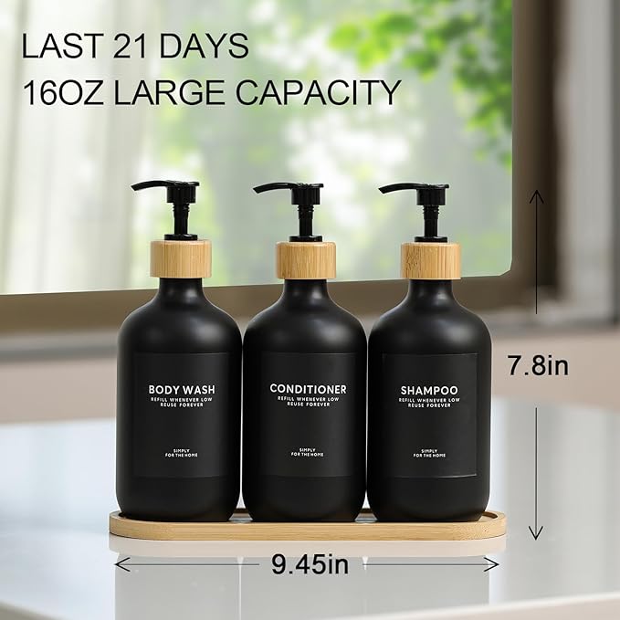Shampoo and Conditioner Dispenser,16.9oz Set of 3 Plastic Refillable Shower Shampoo Dispenser with Bamboo Tray, Reusable Pump Bottles with Labels for Bathroom Décor(Black) (All Black)
