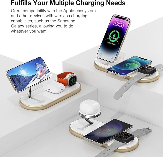 Magnetic Charging Station, 3 in 1 Faster Mag-Safe Wireless Charger Stand, Wireless Charging Pad for Apple Devices, iPhone 17/16/15/14/13/12 Series, iWatch Series, AirPods (Golden)