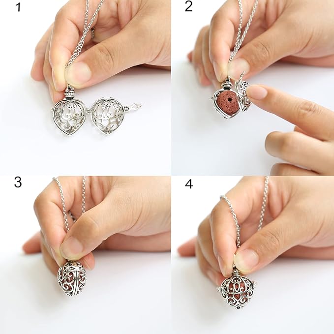 2PCS Aromatherapy Essential Oil Diffuser Necklace Love Heart and Hollow Ball Locket Pendant Necklace with Lava Bead Stone for Women