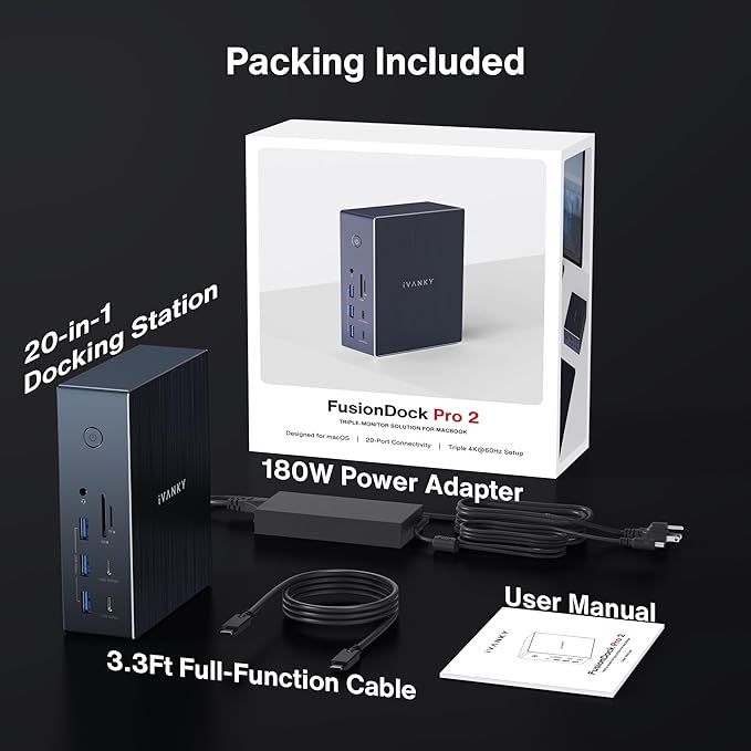 iVANKY 20-in-1 FusionDock Pro 2 DisplayLink Docking Station for MacBook Pro/Air, Triple 4K@60Hz Monitor Display for M1/M2/M3/M4 Mac/Windows Laptop, 180W Power, 2.5GbE, HDMI, DP, 10Gbps, Driver Needed