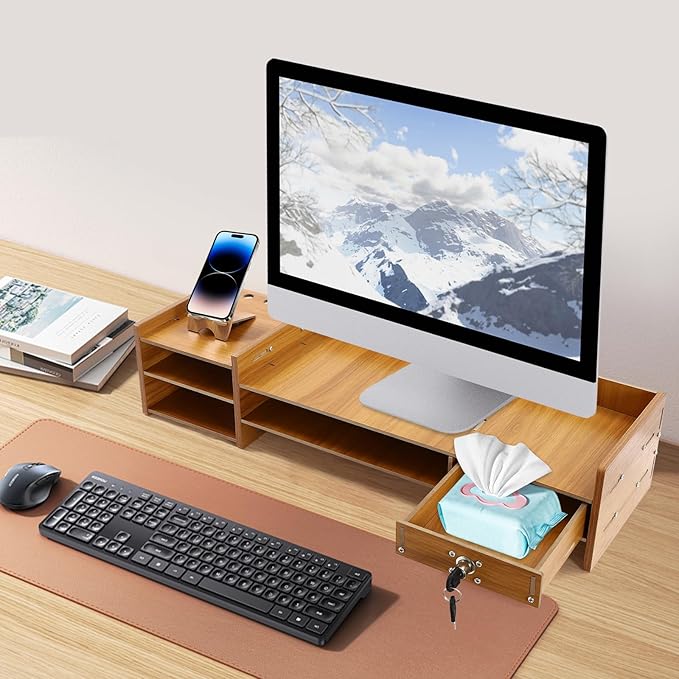 Wood Computer Monitor Stand for Desk Monitor Riser with Drawers & Lock Monitor Stand Organizer Desk Storage Shelf Desk Accessories & Workspace Organizers for Home Office (1 Drawer)