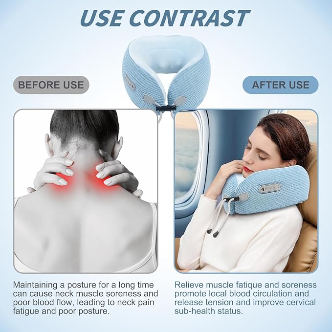 Electric Neck Massager,Portable Travel Pillow with Massage and Heat,Rechargeable Vibrating Neck Pillow Massager,Perfect for Pain Relief at Home, Office,Travel,Fathers Day Gift Ideas(Blue)