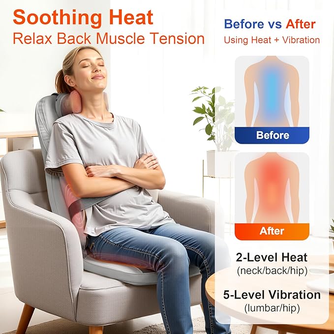 4D Shiatsu Massage Cushion w/Heat - Neck Back Pain Relief, Targets Muscle Stiffness from Long Sitting - Kneading, Vibration Technology & Dual Necks Heads Design for Office Chair, Home, Grey