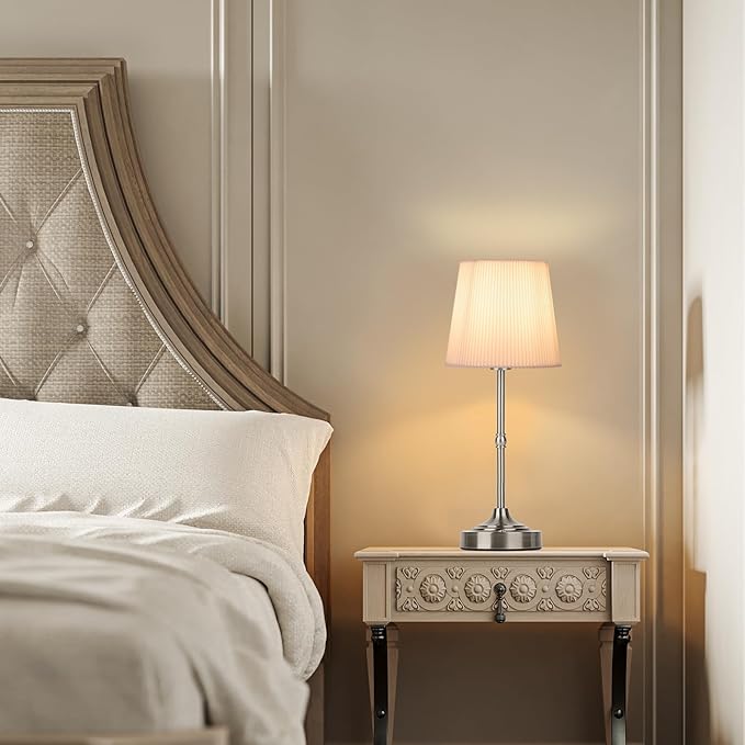 Cordless Rechargeable Table Lamp 5200mAh - Stepless Dimming & 3-Color Temperature, Touch Control Bedside Lamp with Fabric Shade for Bedroom, Patio, Camping, Balcony.(Silver)