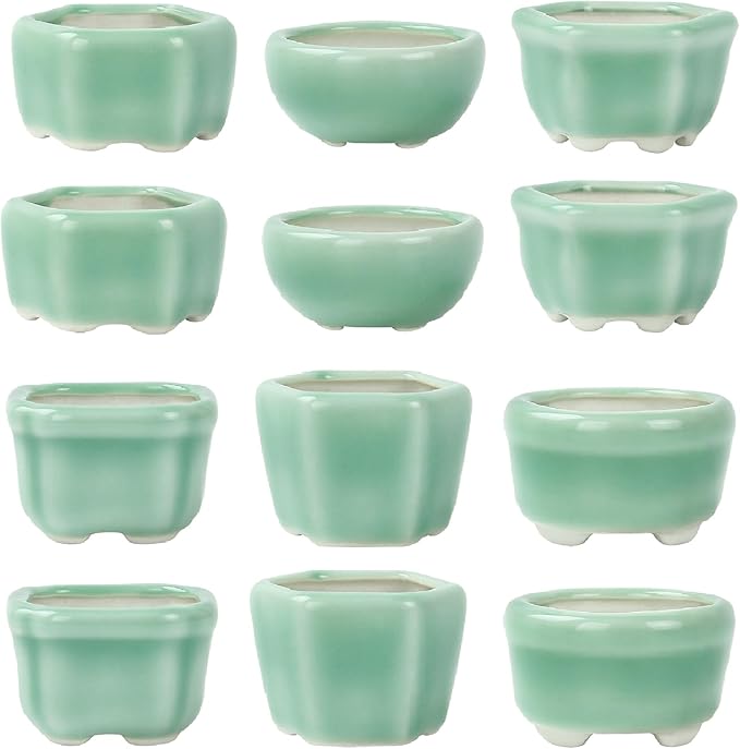 Bonsai Planter 1.8 inch (4.5cm) Mini Succulent Glazed Pots Set of 12 Green