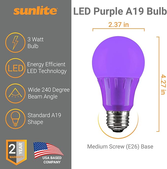 Sunlite 41527 LED A19 Colored Light Bulb, 3 Watts (25w Equivalent), E26 Medium Base, Non-Dimmable, UL Listed, Party Decoration, Holiday Lighting, 3 Count, Purple