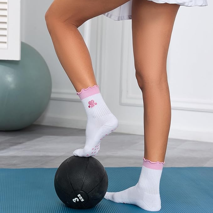Cute Pilates Socks with Grips for Women Ruffle Cuff Embroidery Non Slip Yoga Socks for Workout, Barre, Pilates Gifts
