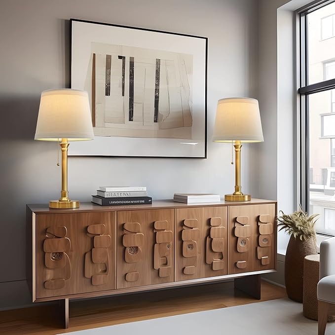 Oneach Modern Gold Brass Table Lamp Set of 2 for Bedroom Living Room 19.5'' Traditional Bedside Desk Nightstand Buffet Candlestick Samll Lamps with White Drum Shade