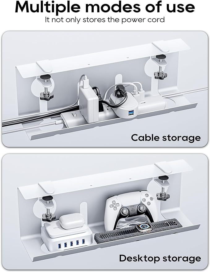 NODOCA No Drill Under Desk Cable Management Tray, 17'' Wire Management, Punch-Free Clamp on, Metal Cable Tray, Wire Organizer Under Desk, Under Desk Basket for Office and Home, White(2 Packs)