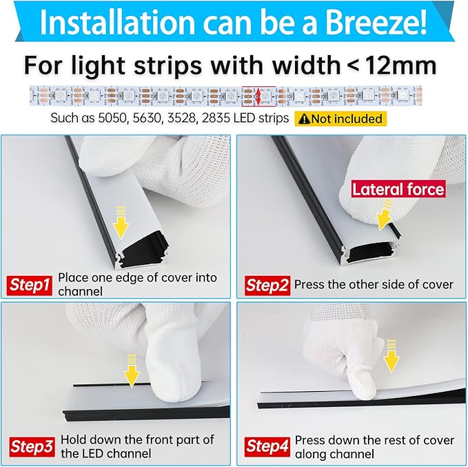 Muzata 20Pack 3.3FT/1M LED Channel Black Aluminum U Shape LED Diffuser Channel with Milky White Cover Easy Installation U1SW BW 1M