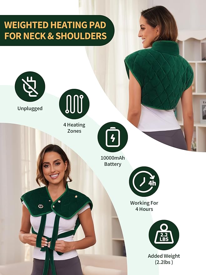 Vofuoti Portable Heating Pad for Neck and Shoulders, Cordless Heating Pad with Battery and 3 Heat Settings, Weighted Electric Heated Neck Shoulder Wrap, 16'' x 22'', 2.2lbs