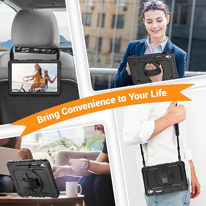 SEYMAC Case for Samsung Galaxy Tab S10 Lite/ S10 FE/ S9 FE/ S9 5G (10.9''/11''), Heavy Duty Shockproof Protective Case with Screen Protector, Rotating Stand, Hand Strap and Pen Holder, Black