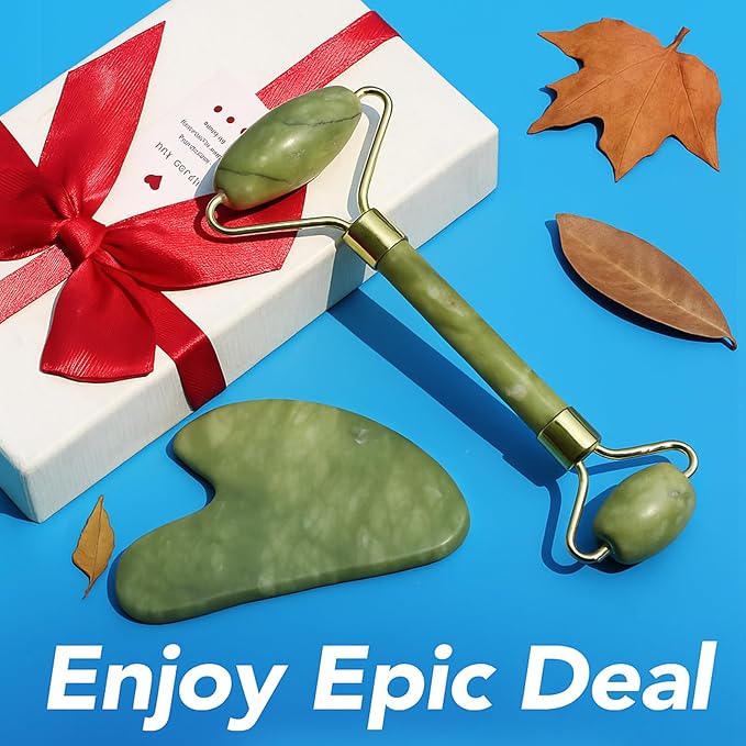 huefull Genuine Jade Roller & Gua Sha Set for Face, Cooling & Firming Effect, Sculpting Tool for Jawline & Skin Care, Self-Care Gift for Women & Men