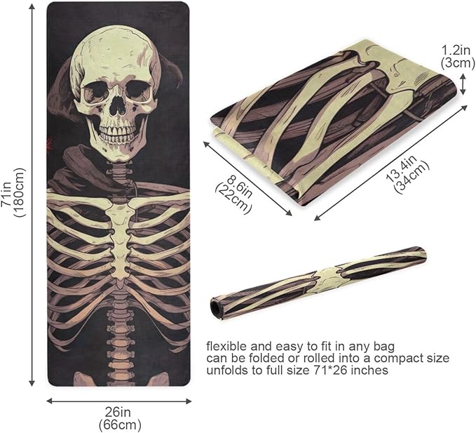Funny Halloween Skeleton Yoga Mat, 71 x 26 Inch Non-slip Yoga Mats Folding Travel Exercise Mat Indoor Outdoor Gym Pilates with Storage Bag for Women Men