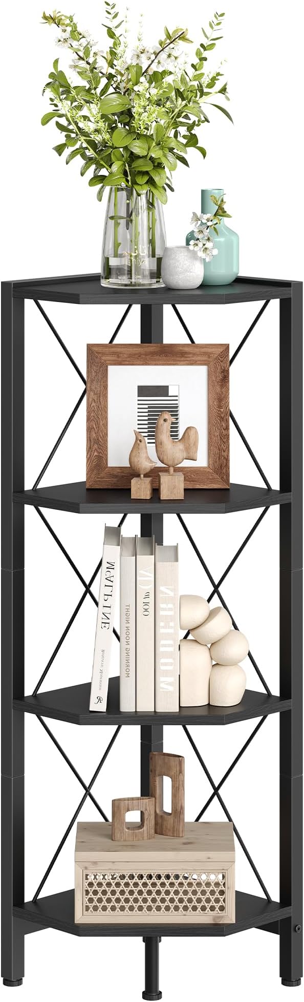4-Tier Corner Shelf, Corner Bookcase, 43.3" Tall Vertical Display Rack, Plant Stand, Open Storage Shelf, for Living Room, Bedroom, Study, Kitchen, Black TCJ14BB
