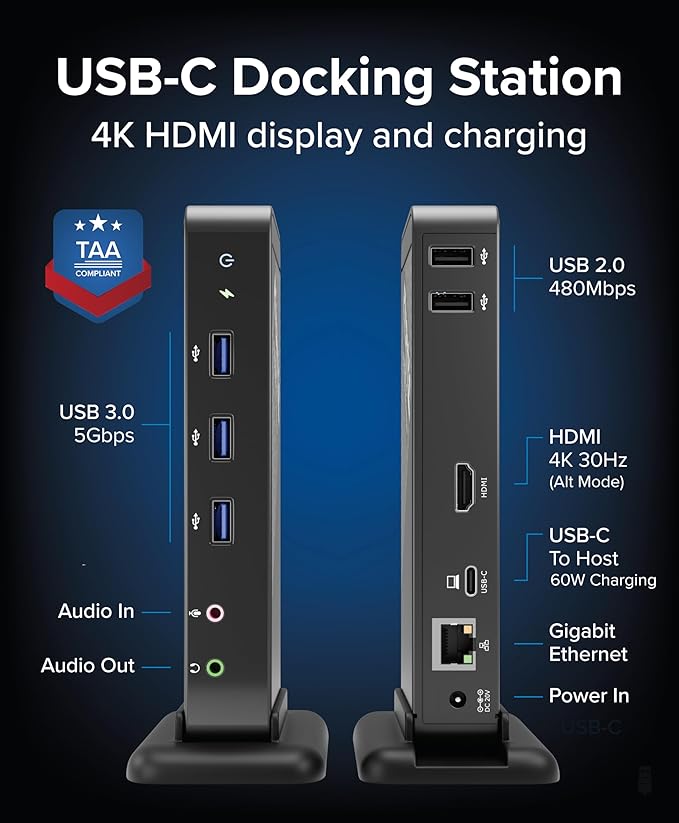 Plugable USB-C Dock – 4K HDMI, 60W Charging, Ethernet, USB 3.0/2.0 Ports – USB-C Docking Station with Power for Windows and Chromebook