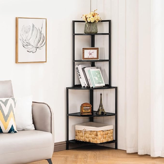 Apicizon 5 Tier Corner Shelf, Industrial Corner Bookshelf with Metal Frame, Rustic Corner Storage Rack Shelves Display Plant Flower, Stand Bookcase for Home Office, Small Place, Kitchen, Black