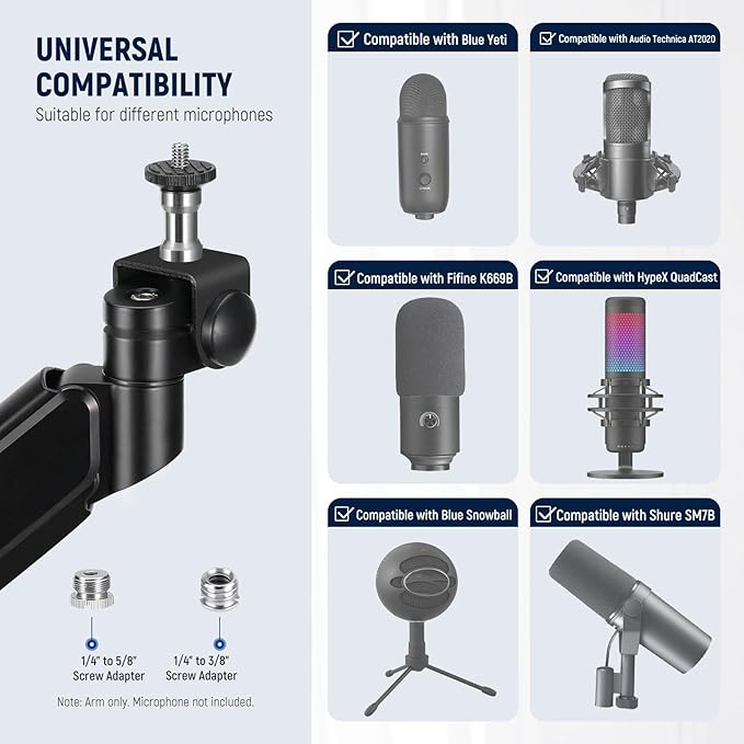 NEEWER MS002 Low Profile Desk Mic Boom Arm Stand with 360° Swivel Adjustable Pneumatic Damping Cable Management Cleaning Cloth, Desktop Mount Holder Compatible with Shure MV7 SM7B Blue Yeti Microphone