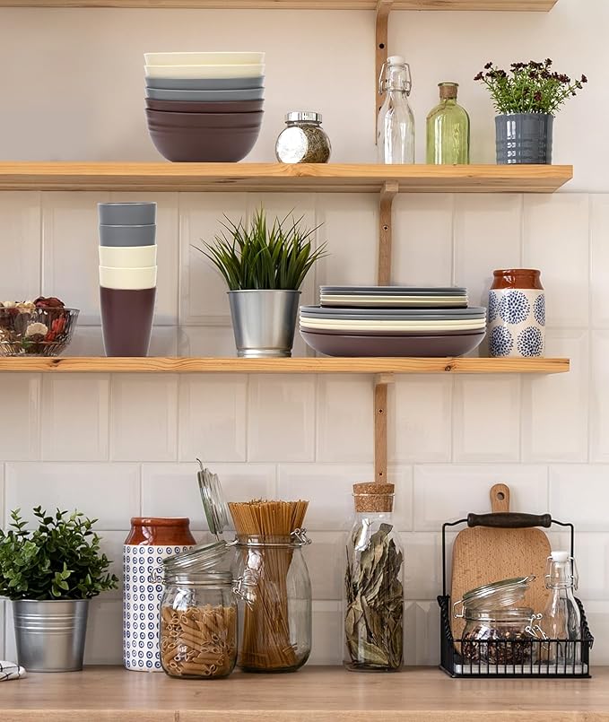 Quatish 24 Piece Plates and Bowls Sets for 6, Unbreakable Dinnerware Sets, Plastic Dish Set for Camping, Dishwasher Microwave Safe, Outdoor Kitchen and Apartment Dinning RV Essentials, Brown