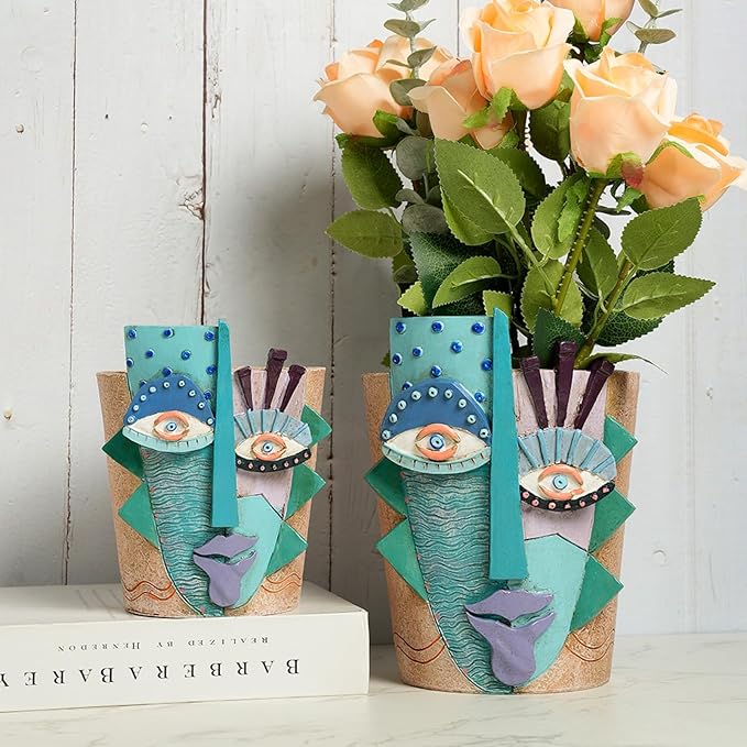 Picasso Flower Pot/Vase, Unique Planters, Abstract Face Flower Pots, with Drainage Holes, Handcrafted Resin Vases for Artistic Home Décor (Large)