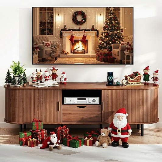 69" Mid-Century TV Stand with Power Outlet, Fluted Entertainment Center with Storage Drawer, TV Console with Sliding Door and Adjustable Shelves, TV Stand up to 80" for Living Room, Bedroom, Walnut