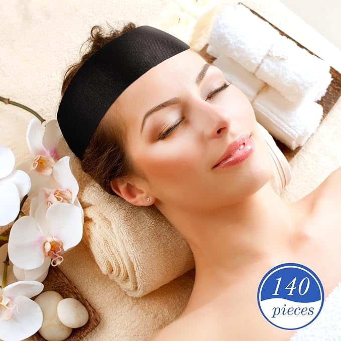 Waydress 140 Pieces Disposable Spa Facial Headbands with Convenient Closure, Stretch Facial Headwraps Soft Skin Care Hair Band for Women Salons(Black)