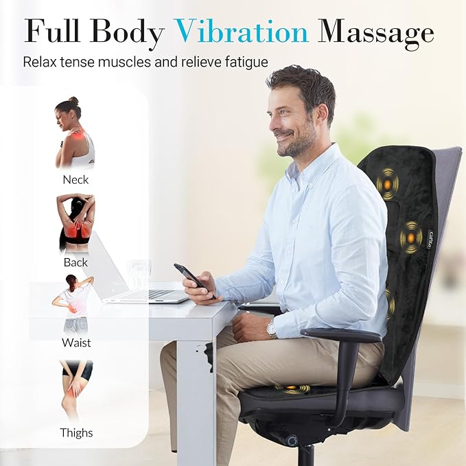 Chair Massager Cushion, Back Massager with Heat, Electric Seat Massage Pad, Back Massage Chair Pad for Back Pain Relief, 2 Heat Levels & 5 Vibrating Modes, Christmas Gifts for Men Dad Mom Him Her