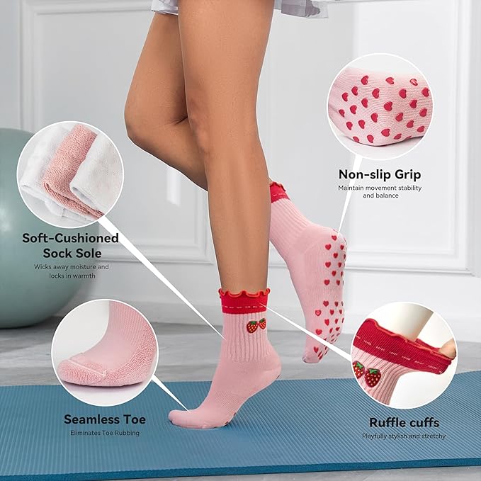 Cute Pilates Socks with Grips for Women Ruffle Cuff Embroidery Non Slip Yoga Socks for Workout, Barre, Pilates Gifts