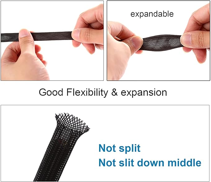 50ft - 1/4 inch & 1/2 inch PET Expandable Braided Sleeving – Black – Alex Tech Braided Cable Sleeve