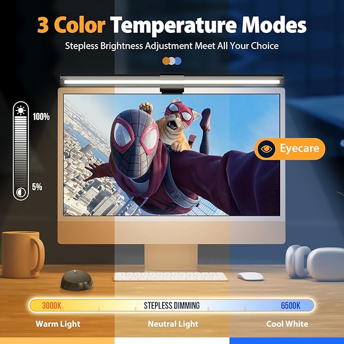 Computer Monitor Light,Screen Monitor Light Bar with Backlight for Eye Caring,E-Reading LED Task Lamp with Color/Dimming Adjustment,Remote Control,No Screen Glare Space Saving Home Office Lamp