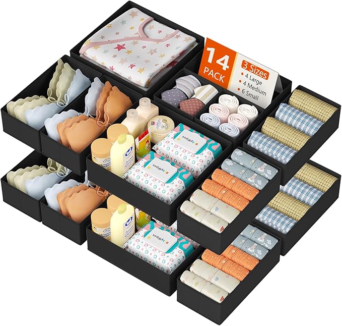 DIMJ Drawer Organizer Clothes 14 Pack - Foldable Baby Organizers and Storage & Dresser Organizer for Bedroom, Closet - Nursery Organization Dresser Dividers for underwear, Sock,Bra, Belt, Tie, Black