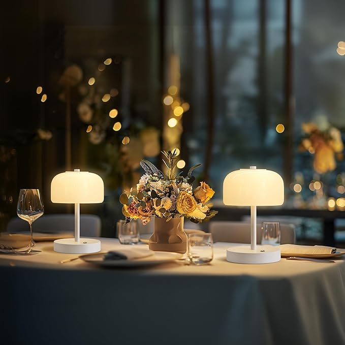 Oneach 9in Cordless LED Mushroom Table Lamp Touch 3 Way Dimmable Bedside Small Lamp Battery Operated Rechargeable Modern Nightstand Desk Lamp for Bedroom Living Room Restaurant White(2 Pack)